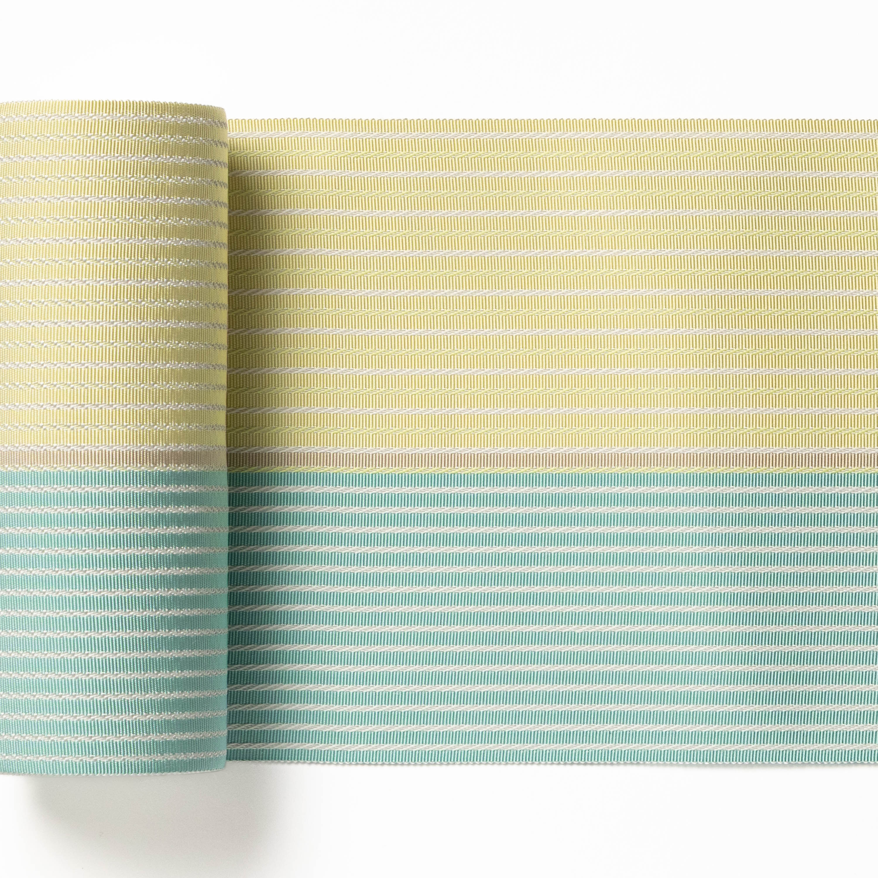 新品 博多帯 麻絹 単衣半幅帯 西村織物 レモングリーン 帯端かがり加工代込 麻絹 ブルーイエロー｜西村織物 オンラインショップ｜博多帯・博多織 通販